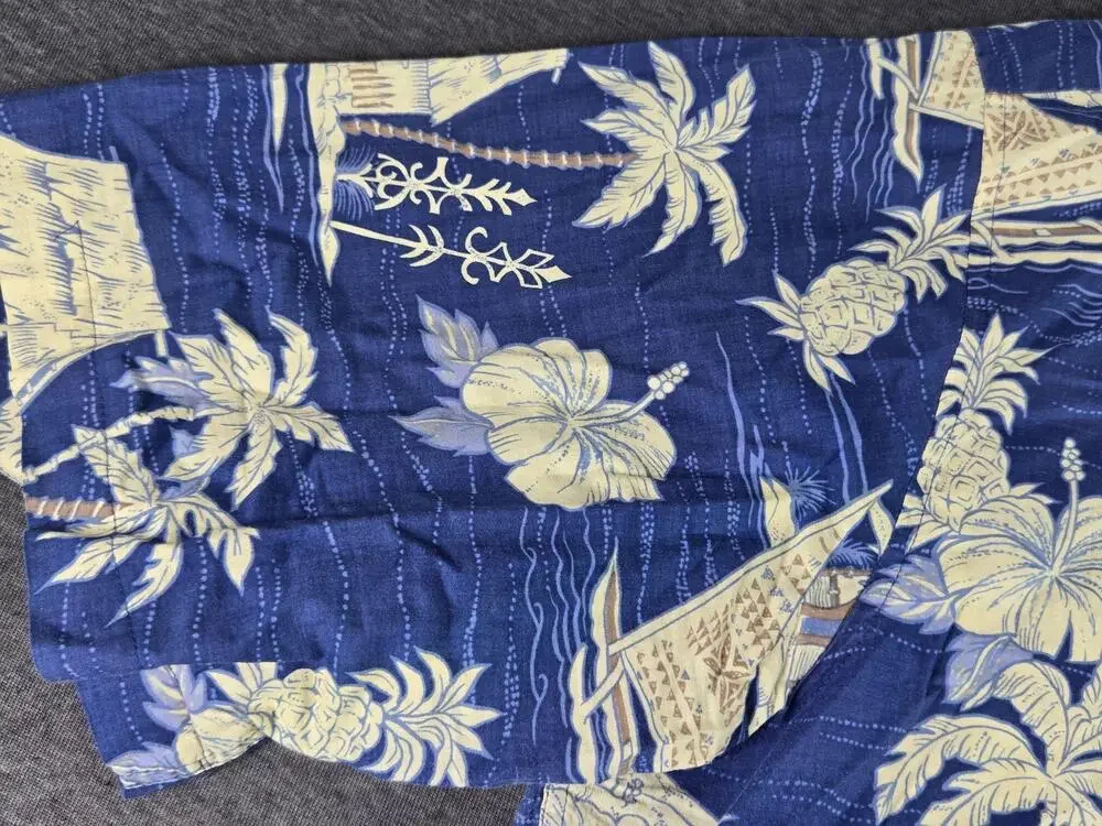 Vintage Reyn Spooner Shirt Mens Large Blue Hawaiian Cotton Button Up Tropical